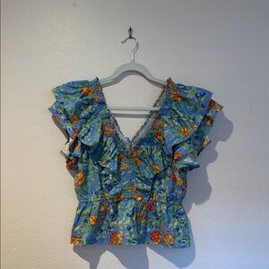Floral Ruffle Sleeve Top - Blue and Orange